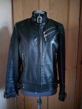 Ladies Black Redherring Real Leather Zip Pockets Buckle Trim Jacket Zip Size 10