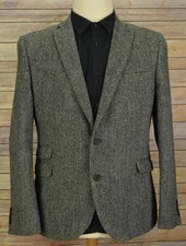 Mens Next Harris tweed herringbone wool blazer 48 long black white jacket coat