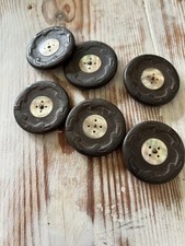 Antique carved Wood Buttons with Abalone Centers  X 6 Coat Buttons Large Rare