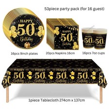 50th Birthday Party Black gold plates cups napkins tablecloth cutlery tableware