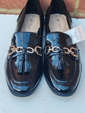 Tu Women's Black Patent Shoes, Gold Chain and Tassel Loafers, UK7, EU40 US9 New