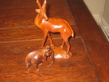 WOODEN CRAVED LIGHTER WOOD ORNAMENTS DEER ANTELOPPE ELEPHANT BELIEVED TO BE OLD
