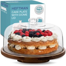 HEFTMAN Rotating Cake Stand with Dome Lid Non-Slip Acacia Wood Clear Acrylic 10"