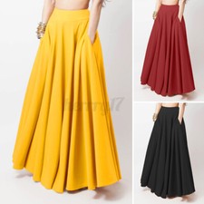 UK Womens High Waist Flare Swing A-Line Skirt Beach Holiday Long Maxi Dress Plus