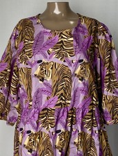 Farm Rio LSU Purple Tigers Print Puff Sleeve High Low Mini Dress w Pockets L