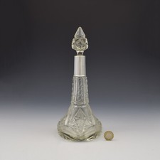 Very Large 11" Art Deco Silver & Cut Glass Scent Perfume Bottle Flask 1933