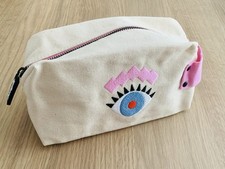 Benefit Cream Canvas Appliqué Eye Design Cosmetics Beauty Makeup Toiletry Bag