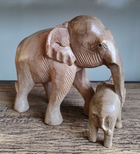 Carved Wooden Elephant & Calf Figurine Art Decor Ornament African Animal Nature