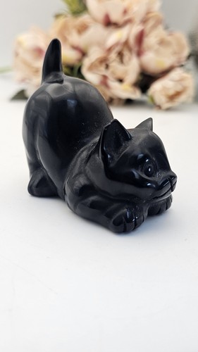 Black obsidian cat carving - black,