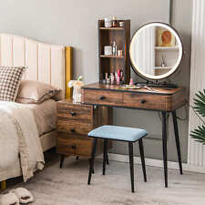Vanity Table Set Lighted Mirror Makeup Dressing Desk w/Charging Station-Coffee