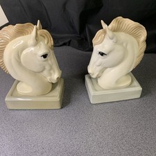 pair Stunning Vintage Hand Painted Horse Heads Figurine Ornament / book ends