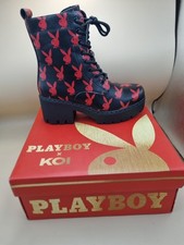 Koi X Playboy Bunny Logo Boots Black Red Shoes Military Vegan Faux Leather UK6