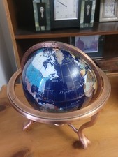 Semi Precious Stone Inlaid World Globe With Copper Cradle Stand And Compass