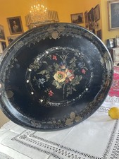 Oval  24x20”antique English Toleware Hand Painted Mother Pearl Decorated Tray