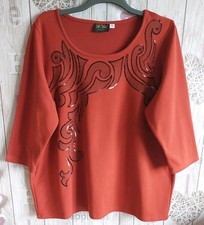 Vtg Bob Mackie Wearable Art Ladies 2XL Terracotta 3/4 Sleeve Sequined Tunic Top