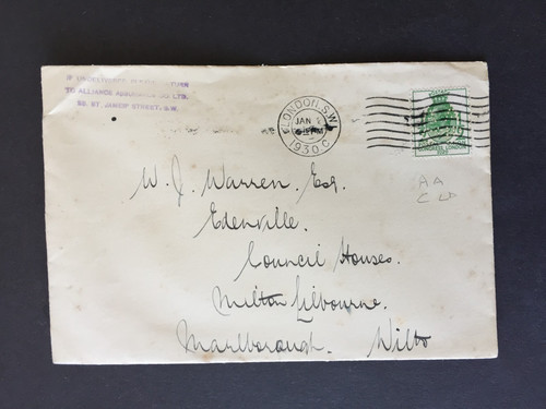 1930 perfin on d - ld, ½d