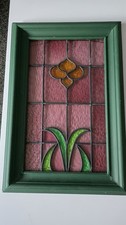 Framed  Vintage Victorian Stained Glass  Tiffany-style Wooden Floral  Panel  