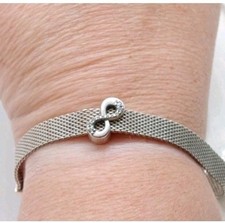 Pandora S925 ALE Silver Mesh Bracelet With clip on CZsetInfinity Charm 6"