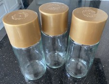 3 LARGE GLASS STORAGE JARS GOLD LID KITCHEN COOKING 19cm High X 8cm Wide FOOD
