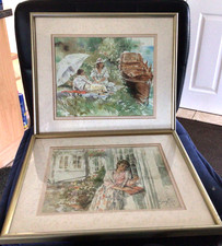 Gordon King Signed Framed Prints x 2 The Doorbell & Couple Picnic Boat 35 x 30cm