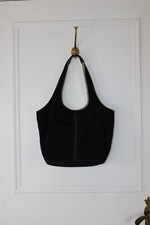 Black Nylon Bucket Bag with White Contrast Stitch and Faux Leather Handles