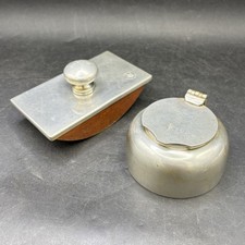 Pewter Inkwell & Blotter Desk Set Blue Plastic Liner Vintage Calligraphy Gift