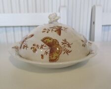 Vintage Porcelain Muffin Dish And Cover White With Brown Butterflies.