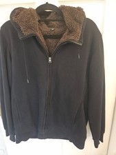 Uniqlo mens Navy hoodie. Brown fur lining