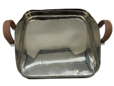 Modern Square Chrome Serving Tray Dish Caddy w/ Tan Leather Loops | C44 G376
