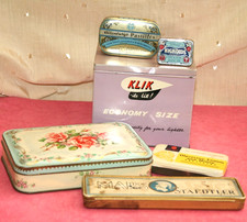 SIX VINTAGE TINS, KLIK LIGHTER FUEL, STAEDTLER, NIGROIDS, WALTERS PALM TOFFEE