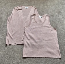 M&S Pink Nude Sparkle Fine Knitted Twin Set  Vest & Cardigan Size Large Womens