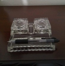 Vintage Glass  Double Ink Well Holder and Pen Holder