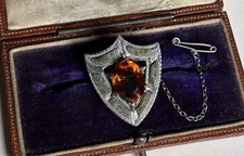 Antique Silver Shield Brooch - Citrine & Agate/Connemara Marble - Hallmarked