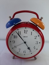 *INGERSOLL ALARM CLOCK WIND UP RED/BLUE/YELLOW 9.5" TALL VINTAGE/RETRO WORKING*