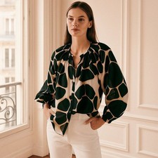 Tucker Black Cream Abstract Printed Silk Classic Blouse Womens Petite Small 