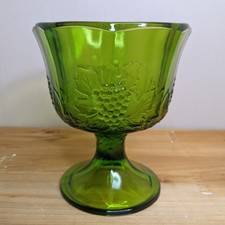 Vintage Large Goblet Green Glass Pressed Depression Footed Candy Bowl Grapes MCM