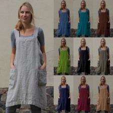 Baking Fixed Cross Back Pocket Pinafore Apron Linen Cotton Dress Women PLUS SIZE