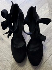 Black Faux Suede Heeled Vel Cro Bow Court Shoes Size 5 BNWOT