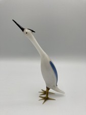 Vintage Art Glass Hollow Bird Figurine White Blue Tall Beak Decor