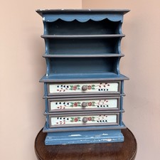 Vintage Dollhouse Teal Wood Hutch Buffet Furniture shelves & 3 Drawers Florals
