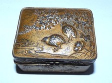 Vintage Japanese Bronze Metal Box Quail & Flowers c 1920-30