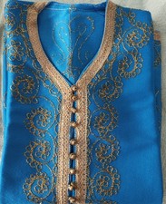 Vintage bright blue and gold button front Moroccan kaftan robe. Size s/m