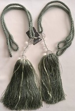 Designer Tiebacks Pair Green Rope Glass beads Ribbons for light/medium curtains