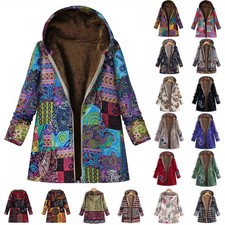 Ladies Winter Fleece Hooded Jackets Coats Zipper Outwear PRINT Outdoor PLUS SIZE