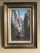 Amy B Atkinson (1859-1916) oil painting on board street scene Chinon France