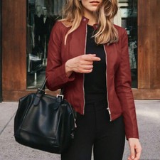 Ladies Casual Zip Up Faux Leather Jacket Biker Blazer Coat Women Outwear Tops US