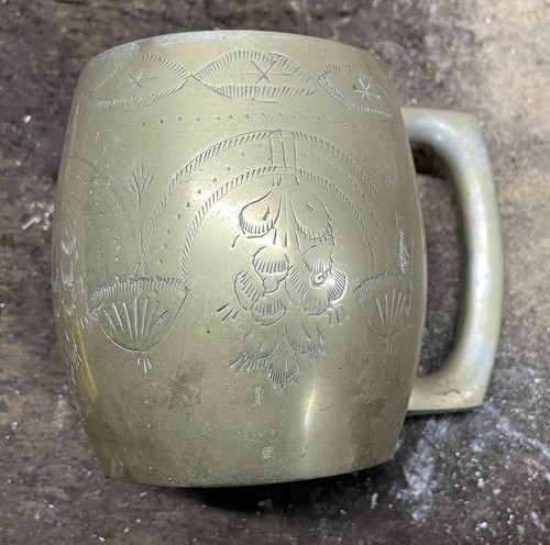 Vintage etched brass mug - mug, /