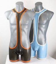 Rubber men's Open Back Suit, Light Blue with White Trim Size 30"/76cm waist.