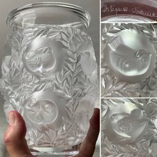 C1945 RENÉ LALIQUE BAGETELLE VASE DEEPLY MOULDED BIRDS TREE SIGNED 6 3/4” (2)