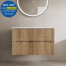 800mm Bathroom Vanity Unit White Marble Countertop Wall Hung Fluted Oak Unit